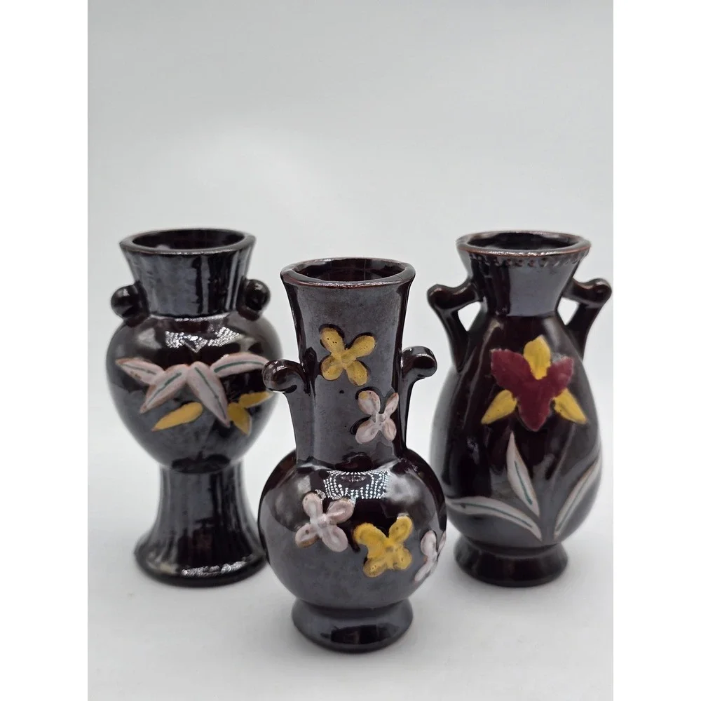 Vintage MCM Japan Miniature Bud Vase Set of 3 Dark Brown Floral Pottery 4